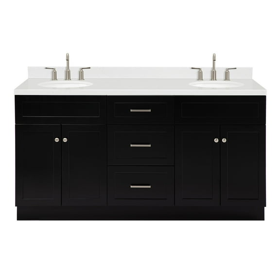 Ariel Hamlet 66 Inch Double Oval Sink Bathroom Vanity With Carrara White Quartz Countertop 1.5 Edge In Black