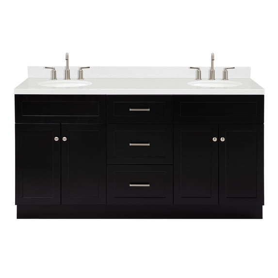 Ariel Hamlet 66 Inch Double Oval Sink Bathroom Vanity With Carrara White Quartz Countertop 1.5 Edge In Black