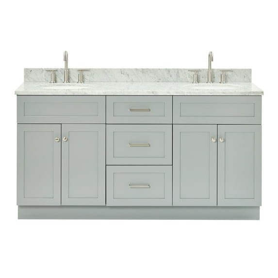 Ariel Hamlet 67 Inch Double Oval Sink Vanity With Carrara White Marble Countertop W/ 0.75 Edge In Grey
