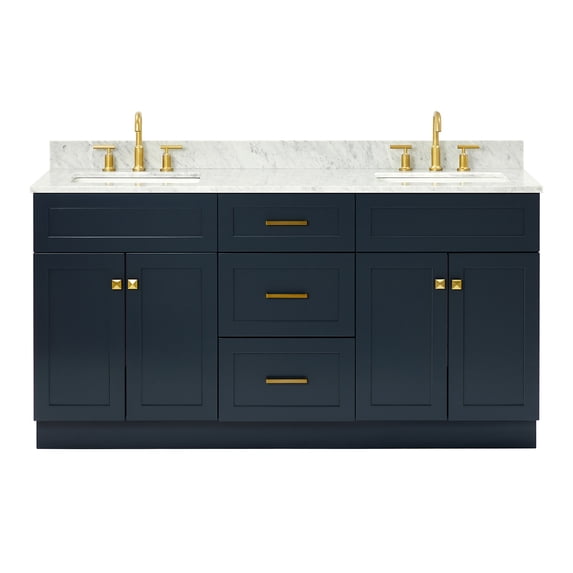 Ariel Hamlet 67 Inch Double Rectangle Sink Vanity With Carrara White Marble Countertop W/ 0.75 Edge In Midnight Blue