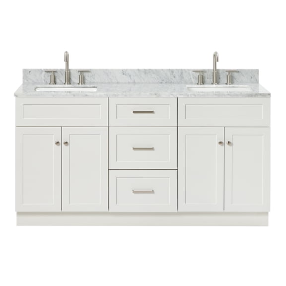 Ariel Hamlet 67 Inch Double Rectangle Sink Vanity With Carrara White Marble Countertop W/ 0.75 Edge In White