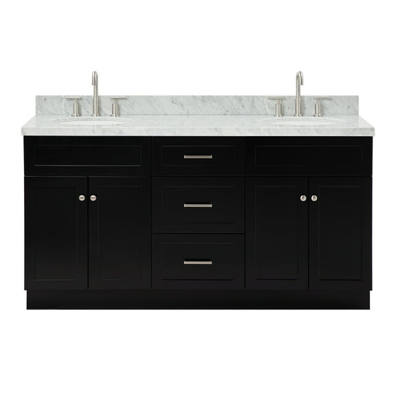 Ariel Hamlet 67 Inch Double Oval Sink Vanity With Carrara White Marble Countertop W/ 1.5 Edge In Black