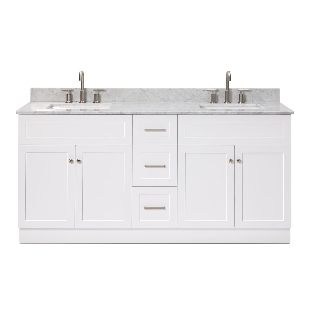 Ariel Hamlet 73 In. Double Rectangle Sink Vanity With 0.75 In. Carrara White Countertop In White
