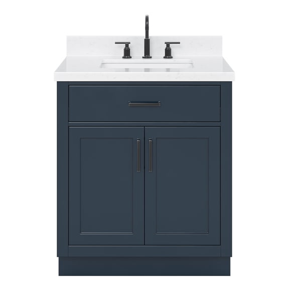 Ariel Hepburn 30 In. Rectangle Sink Bathroom Vanity With Carrara White Quartz Countertop 1.5 Edge In Midnight Blue