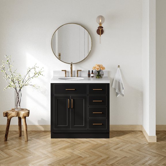 Ariel Hepburn 36 In. Left Offset Oval Sink Bathroom Vanity With Carrara White Quartz Countertop 1.5 Edge In Black