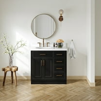 Ariel Hepburn 37 In. Left Offset Oval Sink Vanity With White Quartz Countertop 1.5" Edge In Black