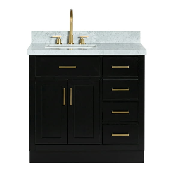 Ariel Hepburn 37 In. Left Offset Rectangle Sink Vanity With 1.5 In. Carrara White Countertop In Black