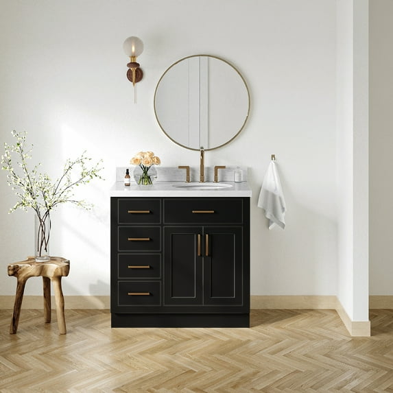 Ariel Hepburn 37 In. Right Offset Oval Sink Vanity With 1.5 In. Carrara White Countertop In Black