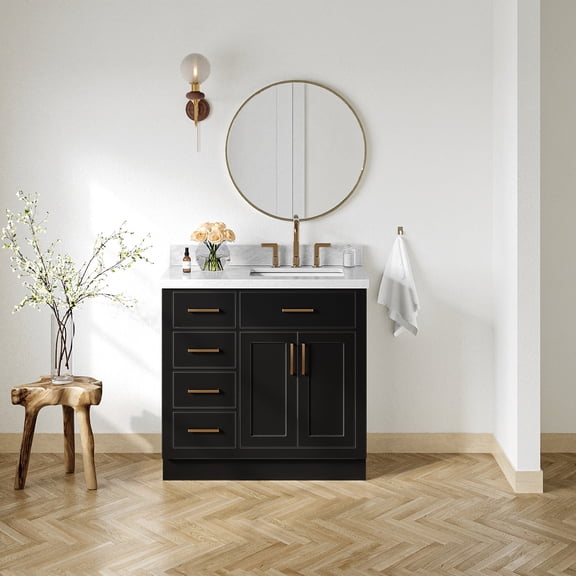 Ariel Hepburn 37 In. Right Offset Rectangle Sink Vanity With 1.5 In. Carrara White Countertop In Black