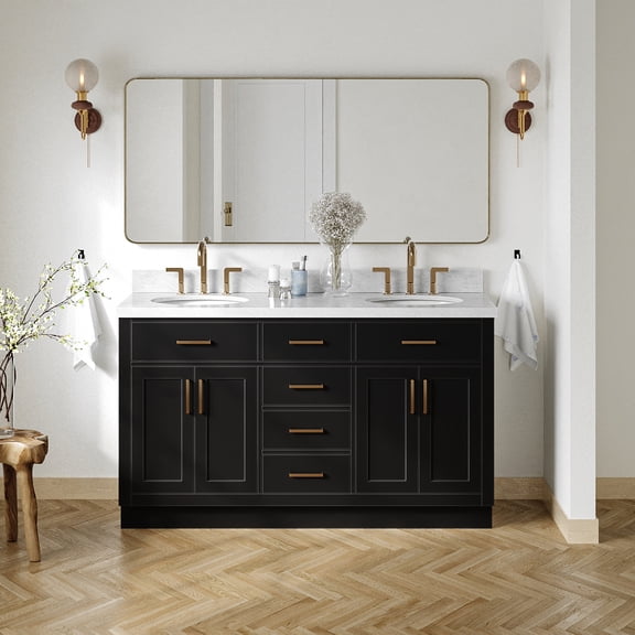 Ariel Hepburn 61 In. Double Oval Sink Vanity With 1.5 In. Carrara White Countertop In Black