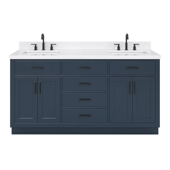 Ariel Hepburn 66 Inch Double Rectangle Sink Bathroom Vanity With Carrara White Quartz Countertop 1.5 Edge In Midnight Blue