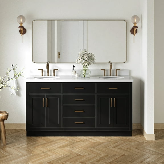 Ariel Hepburn 67 Inch Double Oval Sink Vanity With White Quartz Countertop With 1.5 Edge In Black