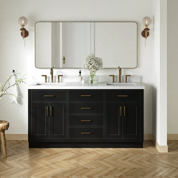 Ariel Hepburn 67 Inch Double Rectangle Sink Vanity With White Quartz Countertop With 1.5 Edge In Black