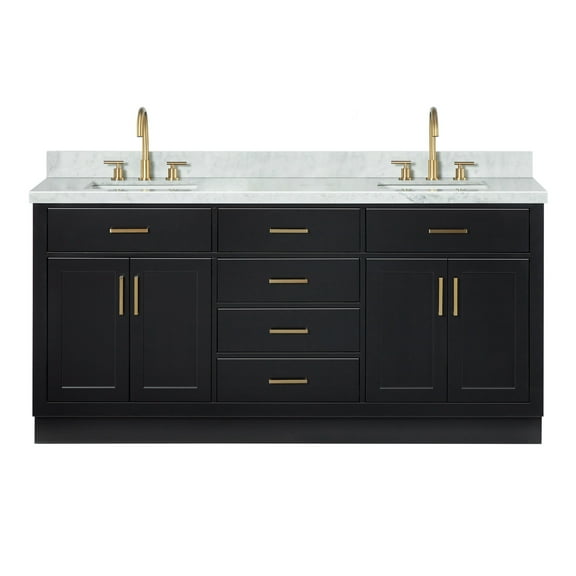 Ariel Hepburn 73 In. Double Rectangle Sink Vanity With 1.5 In. Carrara White Countertop In Black