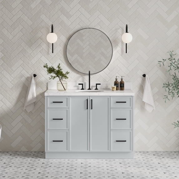 Ariel Kelly 48 Inch Single Oval Sink Bathroom Vanity With Carrara White Quartz Countertop 1.5 Inch Edge In Grey