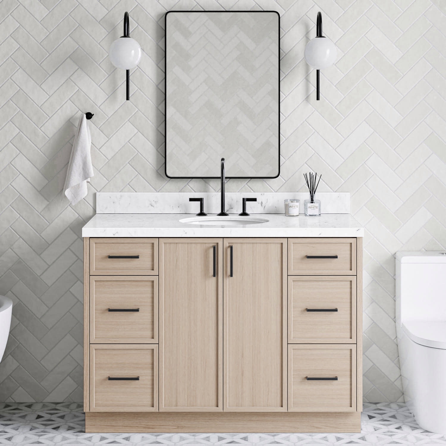 Kelly 48" Light Oak Freestanding Vanity with Carrara Quartz Top