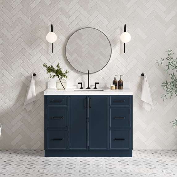 Ariel Kelly 48 Inch Single Rectangle Sink Bathroom Vanity With Carrara White Quartz Countertop 1.5 Inch Edge In Midnight Blue