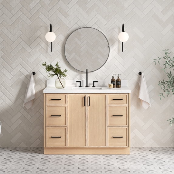 Ariel Kelly 48 Inch Single Rectangle Sink Bathroom Vanity With Carrara White Quartz Countertop 1.5 Inch Edge In White Oak