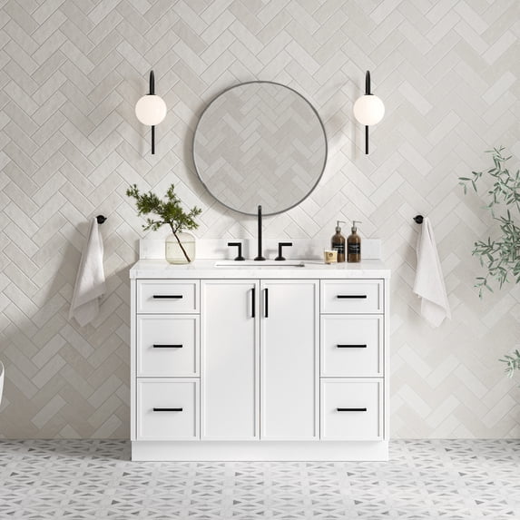 Ariel Kelly 48 Inch Single Rectangle Sink Bathroom Vanity With Carrara White Quartz Countertop 1.5 Inch Edge In White