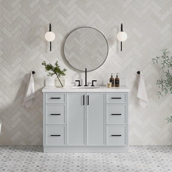 Ariel Kelly 49 Inch Single Oval Sink Bathroom Vanity With Pure White Quartz Countertop 1.5 Inch Edge In Grey