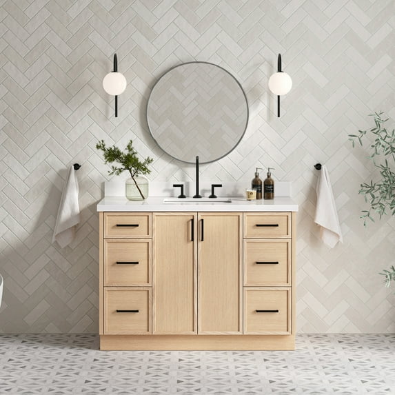 Ariel Kelly 49 Inch Single Rectangle Sink Bathroom Vanity With Pure White Quartz Countertop 1.5 Inch Edge In White Oak