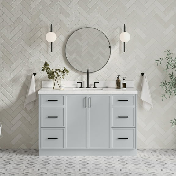 Ariel Kelly 54 Inch Single Rectangle Sink Bathroom Vanity With Carrara White Quartz Countertop 1.5 Inch Edge In Grey