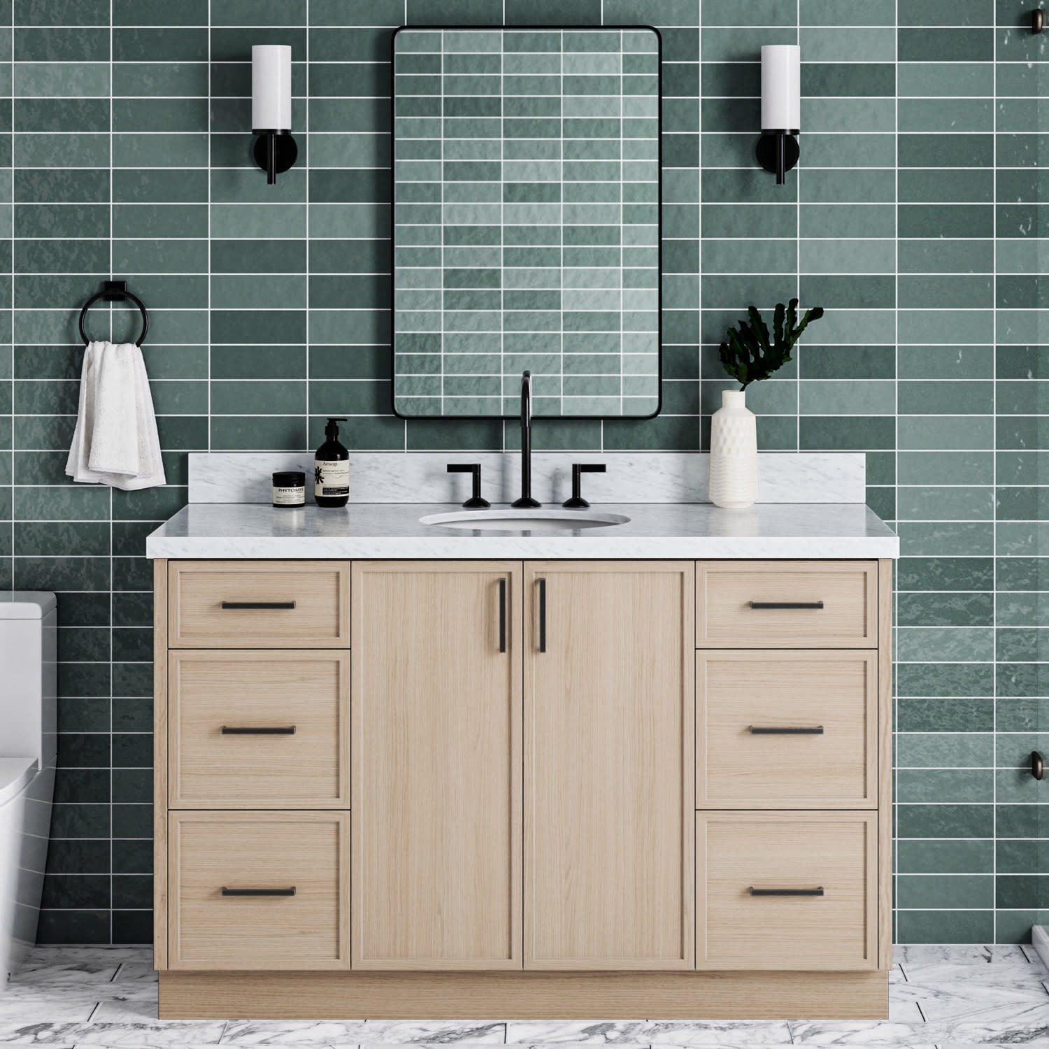 Kelly 55" White Oak Single Sink Vanity with Marble Top