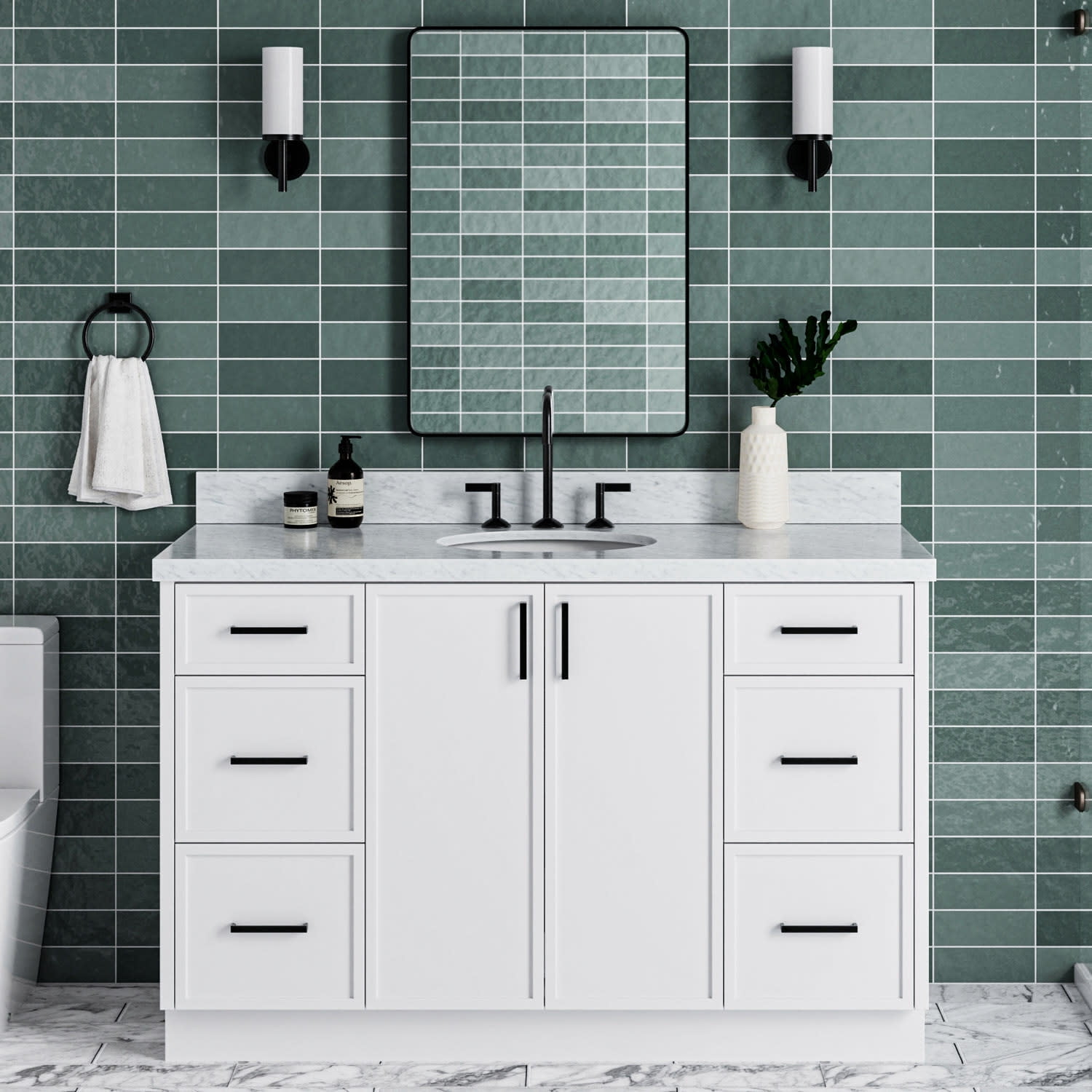 Kelly 55" White Solid Wood Single Sink Vanity with Carrara Marble Top