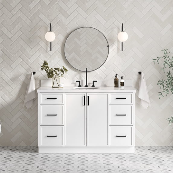 Ariel Kelly 55 Inch Single Oval Sink Bathroom Vanity With Pure White Quartz Countertop 1.5 Inch Edge In White