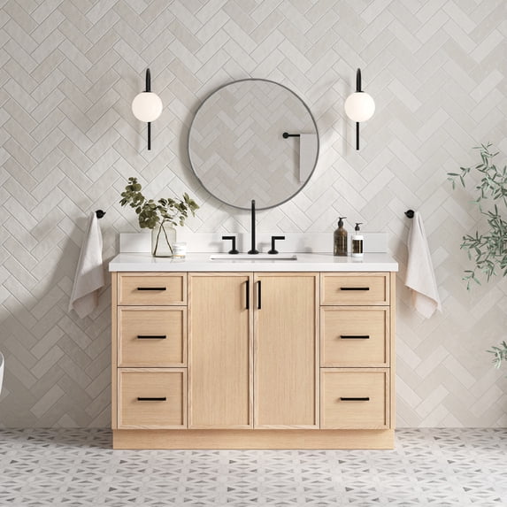 Ariel Kelly 55 Inch Single Rectangle Sink Bathroom Vanity With Pure White Quartz Countertop 1.5 Inch Edge In White Oak