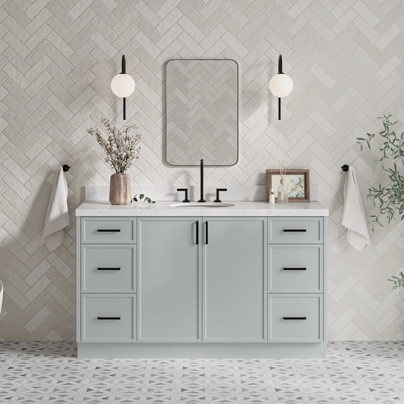Ariel Kelly 60 Inch Single Oval Sink Bathroom Vanity With Carrara White Quartz Countertop 1.5 Inch Edge In Grey