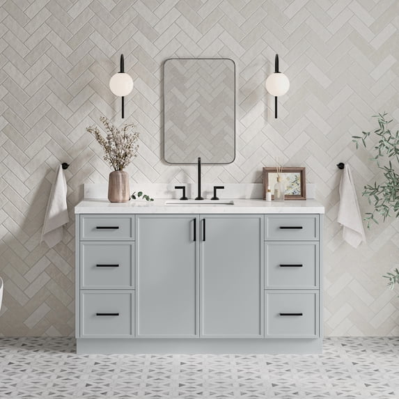Ariel Kelly 60 Inch Single Rectangle Sink Bathroom Vanity With Carrara White Quartz Countertop 1.5 Inch Edge In Grey
