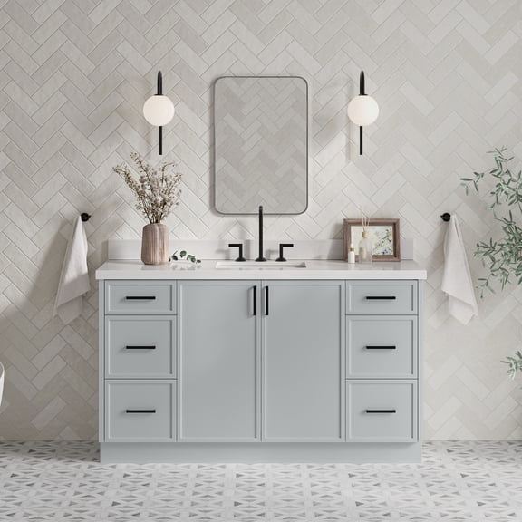 Ariel Kelly 61 Inch Single Rectangle Sink Bathroom Vanity With Pure White Quartz Countertop 1.5 Inch Edge In Grey