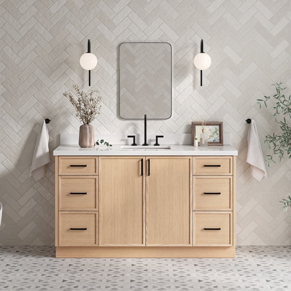 Ariel Kelly 61 Inch Single Rectangle Sink Bathroom Vanity With Pure White Quartz Countertop 1.5 Inch Edge In White Oak