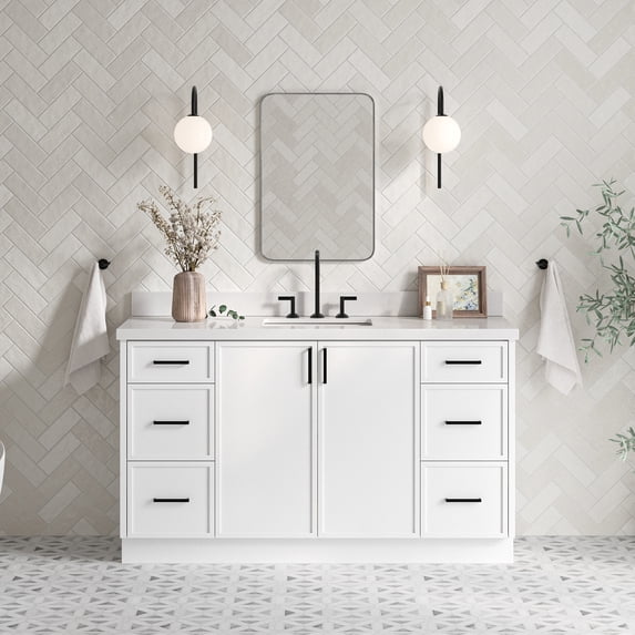 Ariel Kelly 61 Inch Single Rectangle Sink Bathroom Vanity With Pure White Quartz Countertop 1.5 Inch Edge In White