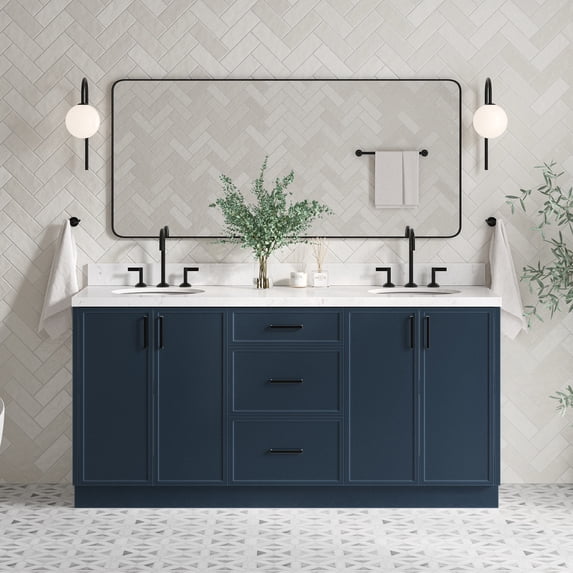 Ariel Kelly 72 Inch Double Oval Sink Bathroom Vanity With Carrara White Quartz Countertop 1.5 Inch Edge In Midnight Blue