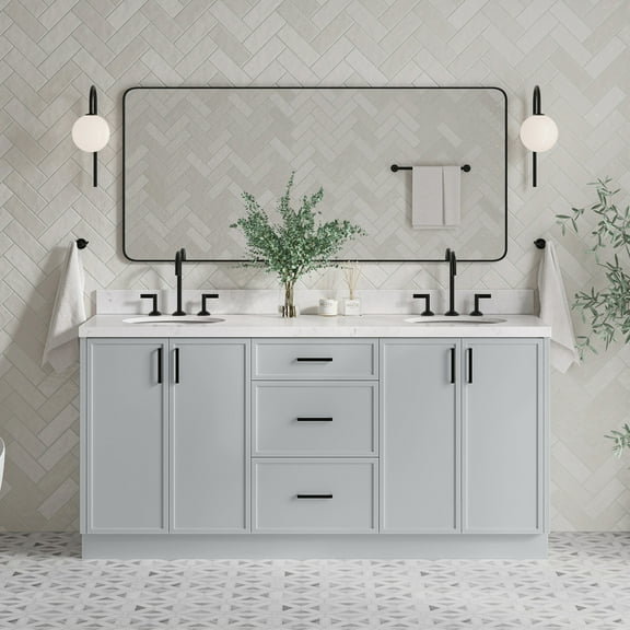 Ariel Kelly 72 Inch Double Oval Sink Bathroom Vanity With Carrara White Quartz Countertop 1.5 Inch Edge In Grey