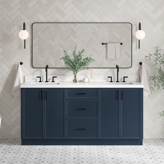 Ariel Kelly 72 Inch Double Rectangle Sink Bathroom Vanity With Carrara White Quartz Countertop 1.5 Inch Edge In Midnight Blue