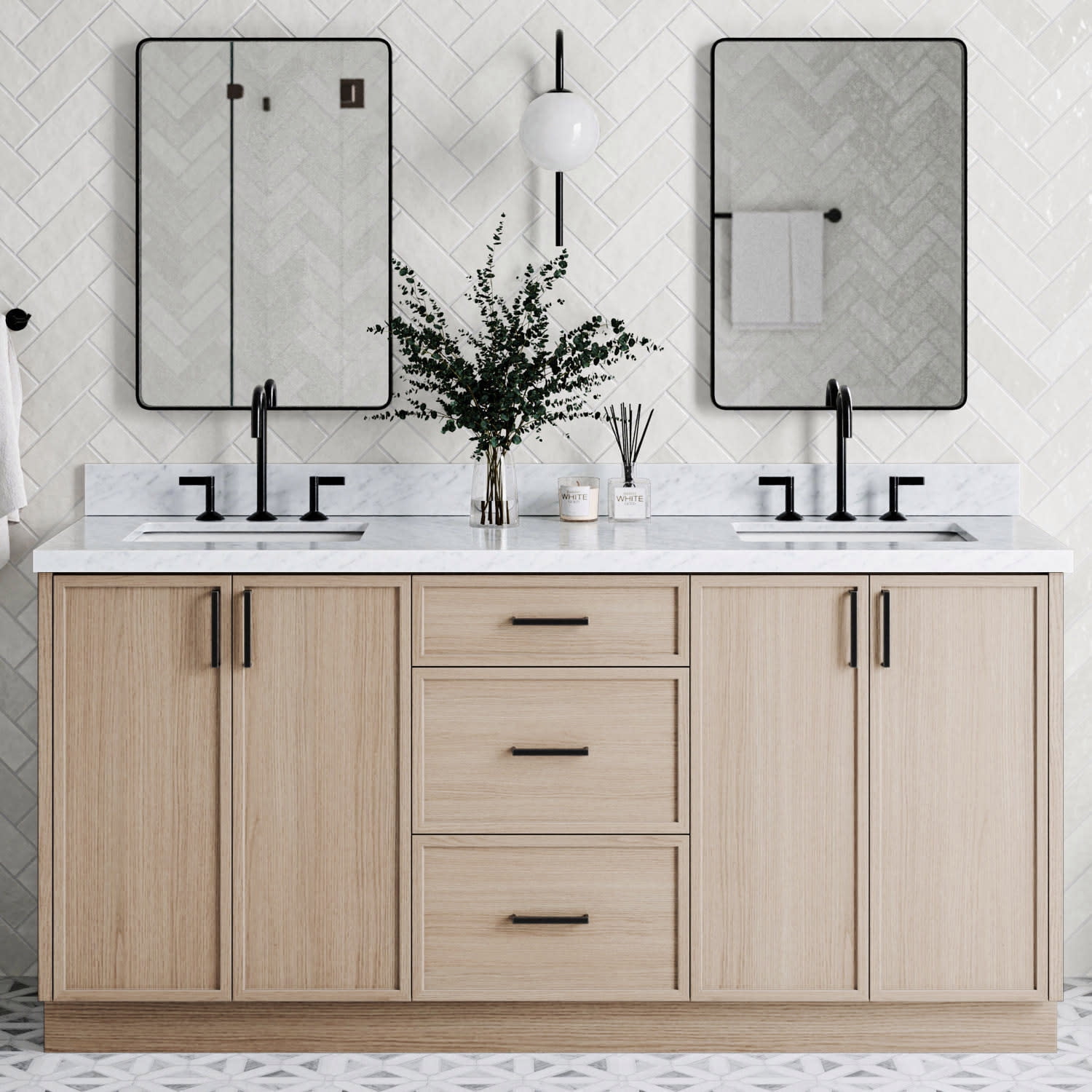 Kelly 73" White Oak Double Sink Vanity with Marble Top