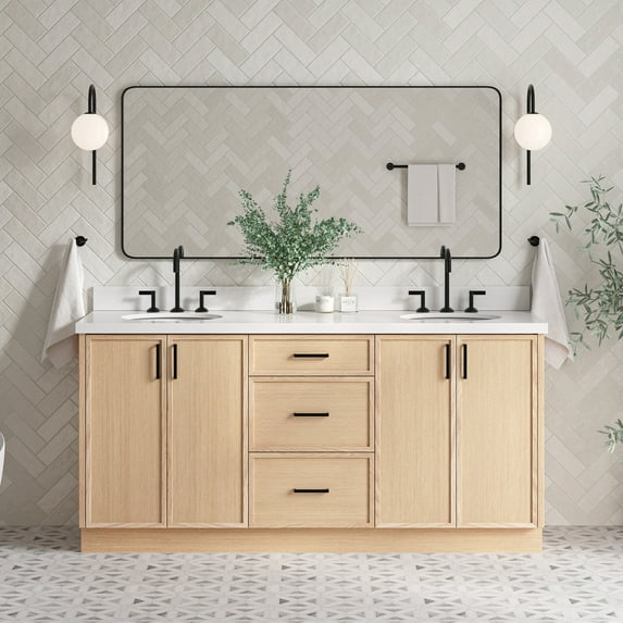 Ariel Kelly 73 Inch Double Oval Sink Bathroom Vanity With Pure White Quartz Countertop 1.5 Inch Edge In White Oak