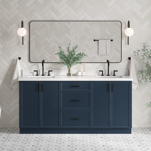 Ariel Kelly 73 Inch Double Rectangle Sink Bathroom Vanity With Pure White Quartz Countertop 1.5 Inch Edge In Midnight Blue