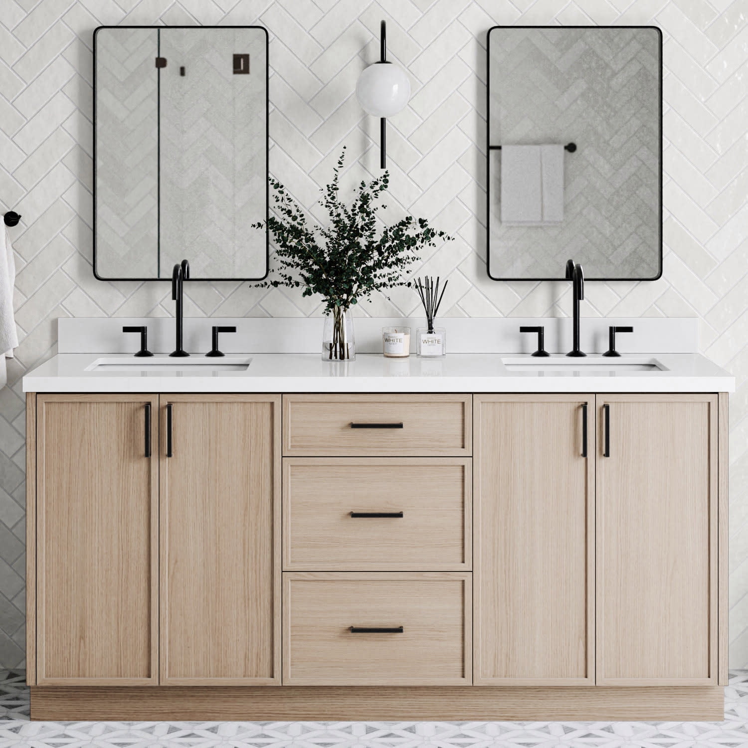 Kelly 73" White Oak Double Sink Bathroom Vanity with Quartz Top