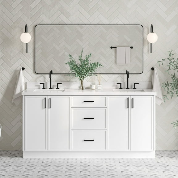 Ariel Kelly 73 Inch Double Rectangle Sink Bathroom Vanity With Pure White Quartz Countertop 1.5 Inch Edge In White
