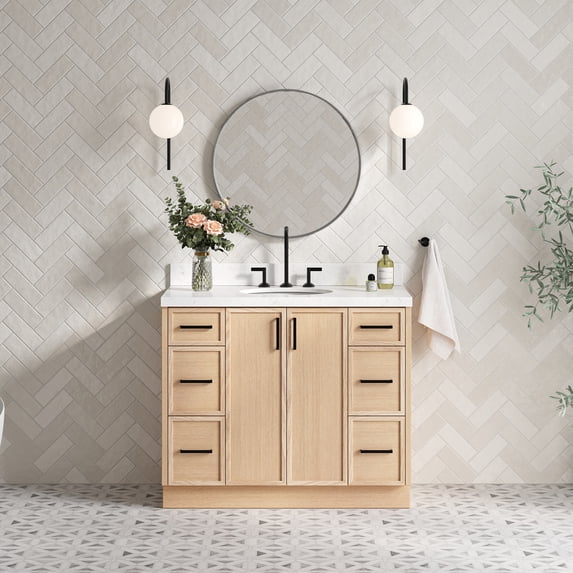 Ariel Kelly 42 Inch Single Oval Sink Bathroom Vanity With Carrara White Quartz Countertop 1.5 Inch Edge In Oak