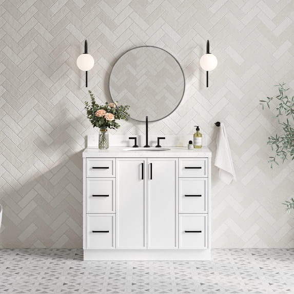 Ariel Kelly 42 Inch Single Oval Sink Bathroom Vanity With Carrara White Quartz Countertop 1.5 Inch Edge In White