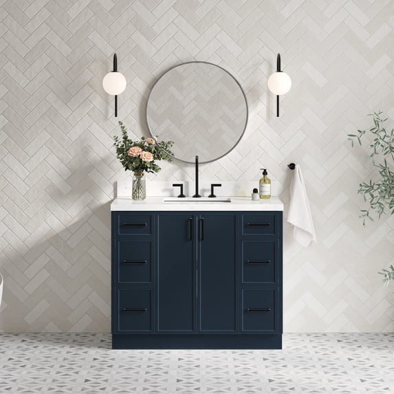 Ariel Kelly 42 Inch Single Rectangular Sink Bathroom Vanity With Carrara White Quartz Countertop 1.5 Inch Edge In Midnight Blue