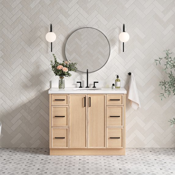 Ariel Kelly 43 Inch Single Oval Sink Bathroom Vanity With Pure White Quartz Countertop 1.5 Inch Edge In Oak