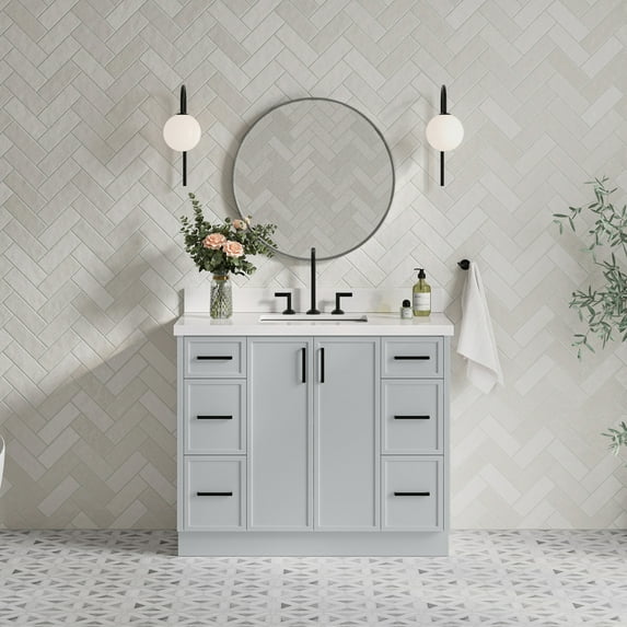 Ariel Kelly 43 Inch Single Rectangular Sink Bathroom Vanity With Pure White Quartz Countertop 1.5 Inch Edge In Grey