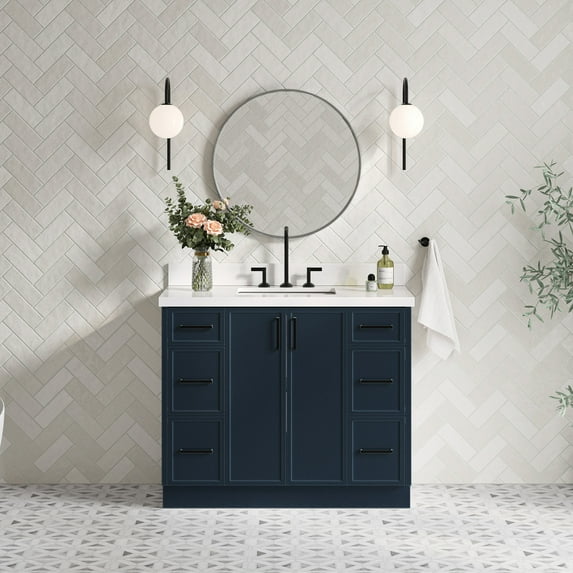 Ariel Kelly 43 Inch Single Rectangular Sink Bathroom Vanity With Pure White Quartz Countertop 1.5 Inch Edge In Midnight Blue