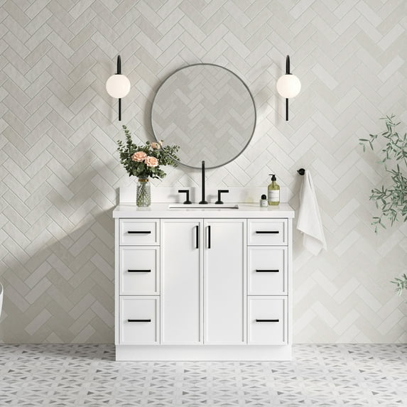 Ariel Kelly 43 Inch Single Rectangular Sink Bathroom Vanity With Pure White Quartz Countertop 1.5 Inch Edge In White